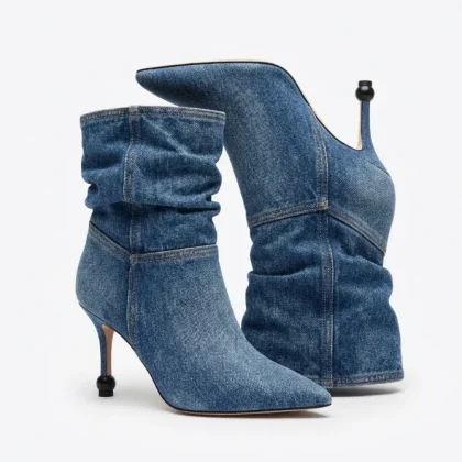 Blue Denim Boots for Women Pointed Toe Stiletto Thin High Heel Trendy Jean Wash Denim Fabric Sexy 90mm Heel Shoes