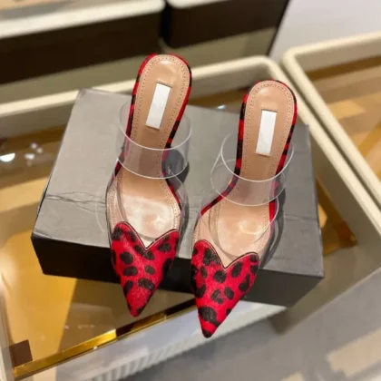 Transparent Elasticated Pointed-Toe High-Heeled Shoes Fashion Leopard Print Style Heart Shaped Head Sandals Thin High Heel