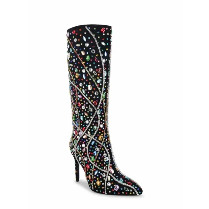 WETKISS High End Luxury Strass Knee Boots Women Shoes Pointed Toe Stiletto Boots Multi Color Rhinestone Knee High Boot
