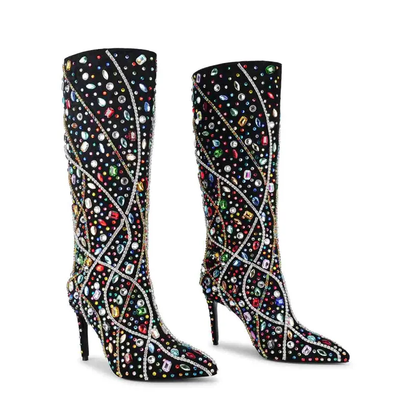 WETKISS High End Luxury Strass Knee Boots Women Shoes Pointed Toe Stiletto Boots Multi Color Rhinestone Knee High Boot - Image 2