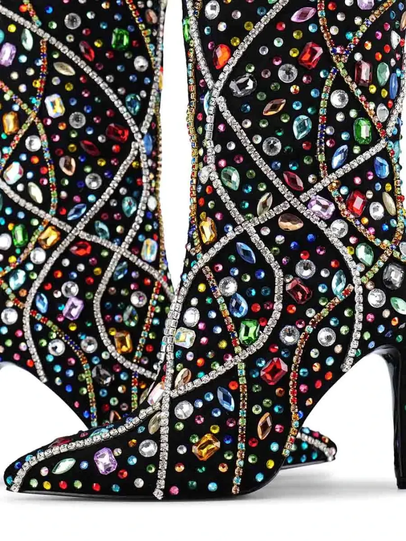 WETKISS High End Luxury Strass Knee Boots Women Shoes Pointed Toe Stiletto Boots Multi Color Rhinestone Knee High Boot - Image 4
