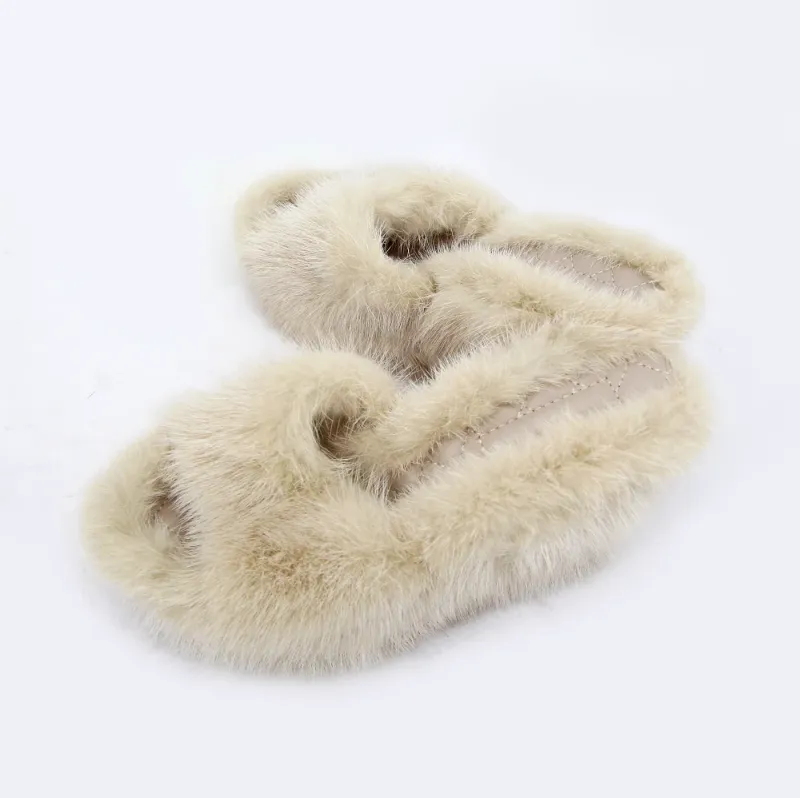 QIUCHEN QC22025 Women's High Heel Shoes High Quality Mink Fur Slippers Summer Wedge Slippers Women Sandals - Image 2