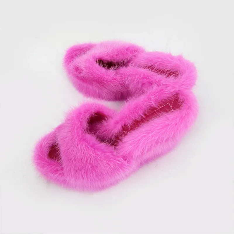 QIUCHEN QC22025 Women's High Heel Shoes High Quality Mink Fur Slippers Summer Wedge Slippers Women Sandals - Image 5