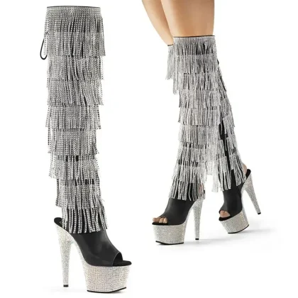 17cm Ladies Super High Heel Diamond Tassel Long Boots Diamond Sole Shoes Pole Dancing Shoes Women