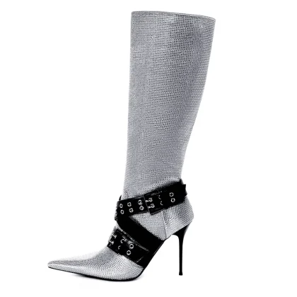 Women's Fashion Sexy Knee High Stiletto Heel Boots Winter Zip Closure Shoes with Buckle Strap Size 43 Over-the-Knee Boot Height