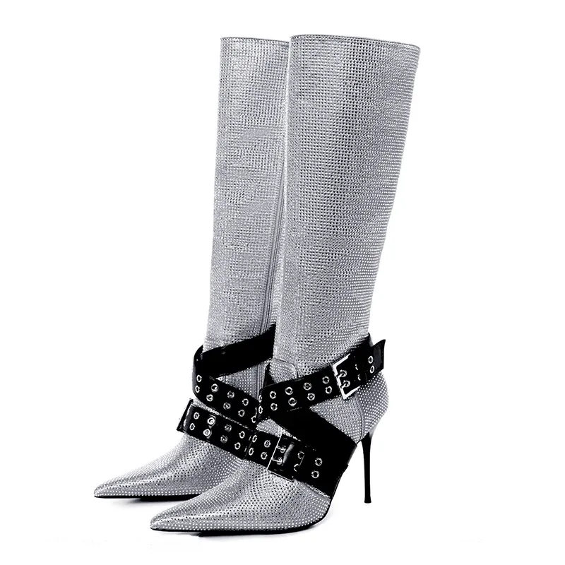 Women's Fashion Sexy Knee High Stiletto Heel Boots Winter Zip Closure Shoes with Buckle Strap Size 43 Over-the-Knee Boot Height - Image 2