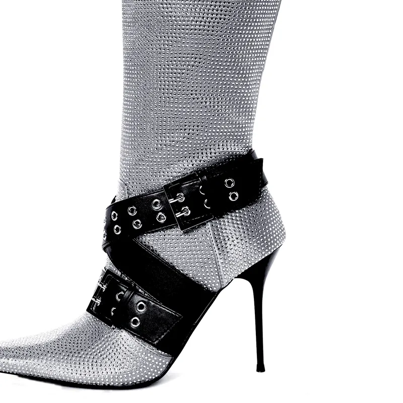 Women's Fashion Sexy Knee High Stiletto Heel Boots Winter Zip Closure Shoes with Buckle Strap Size 43 Over-the-Knee Boot Height - Image 3