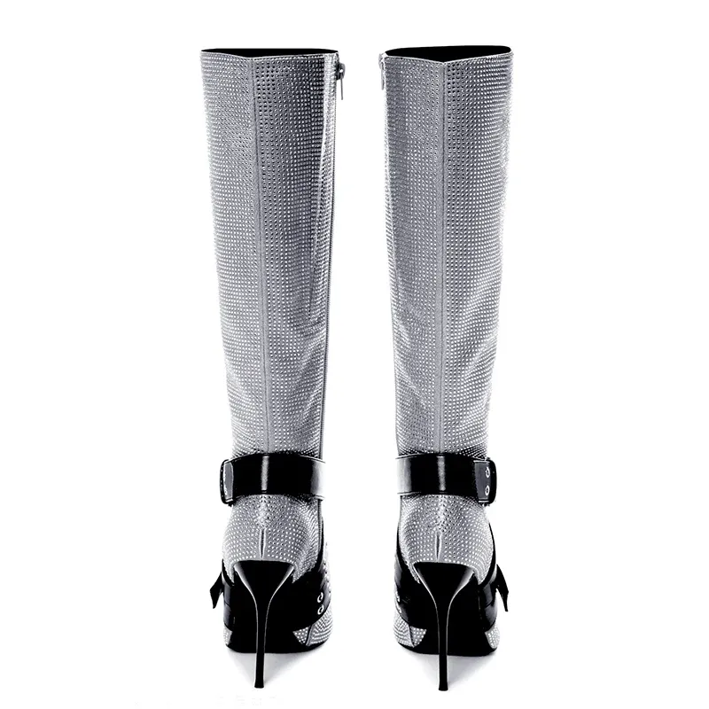 Women's Fashion Sexy Knee High Stiletto Heel Boots Winter Zip Closure Shoes with Buckle Strap Size 43 Over-the-Knee Boot Height - Image 4