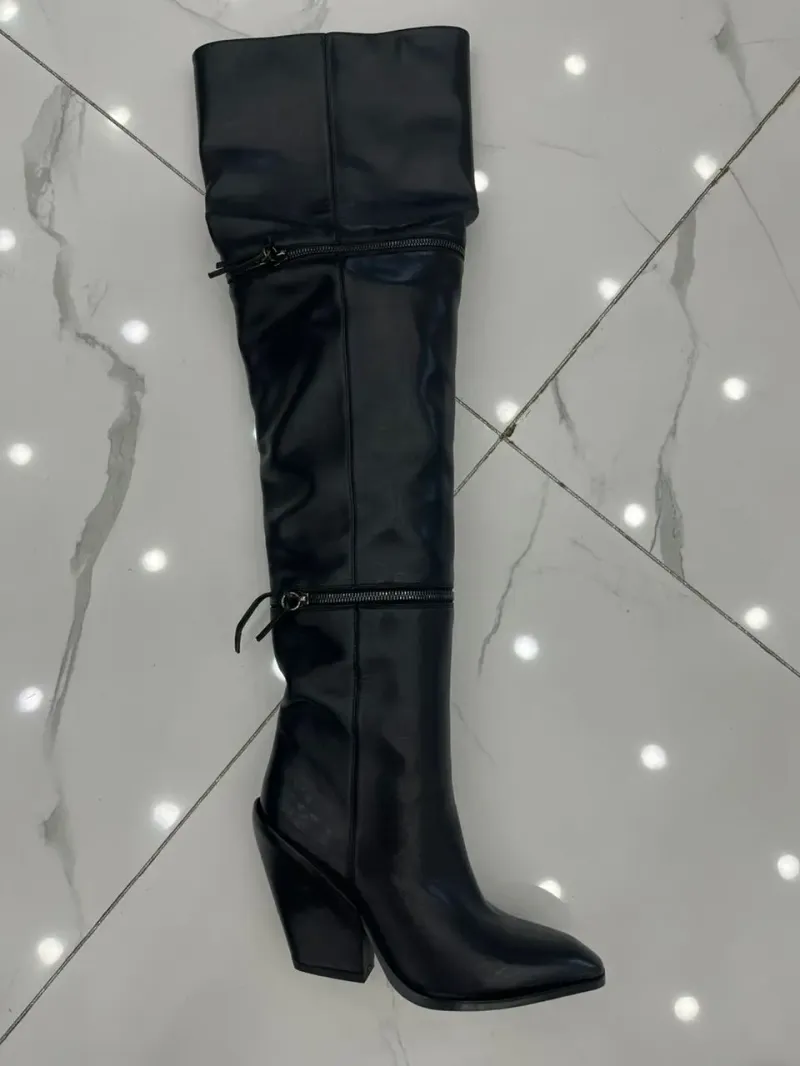 Manufacturer Luxury Women Genuine Leather Pointed Toe Block Heels Zipper Decor Over-Knee High Boots