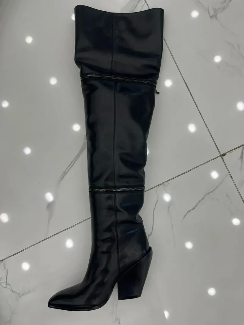 Manufacturer Luxury Women Genuine Leather Pointed Toe Block Heels Zipper Decor Over-Knee High Boots - Image 2