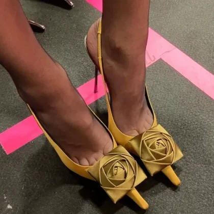 Women Back Strap Hook Strange Heels Silk Pumps Slingback Dress Long Pointed Toe Sandals Slip on Front Flower Shoes