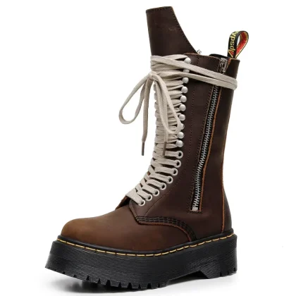 Fashion Women's Platform Mid-Calf Boots Plus Size Cow Genuine Leather Women Chunky Shoes Ladies Ankle Midi Boots College Style