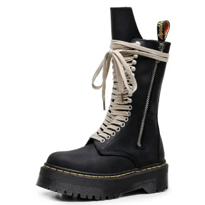 Fashion Women's Platform Mid-Calf Boots Plus Size Cow Genuine Leather Women Chunky Shoes Ladies Ankle Midi Boots College Style