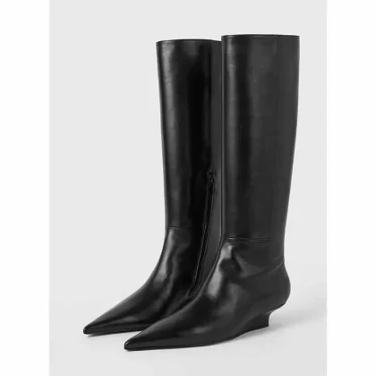 Wedge Boots for Women Women's Shoes 2025 New Black Matte Leather Pointed Toe Knee-long Boots Slope Heel Designer