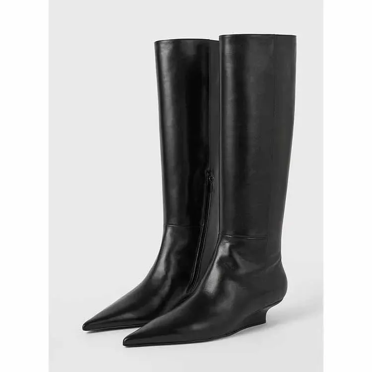 Wedge Boots for Women Women's Shoes 2025 New Black Matte Leather Pointed Toe Knee-long Boots Slope Heel Designer