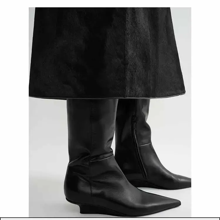 Wedge Boots for Women Women's Shoes 2025 New Black Matte Leather Pointed Toe Knee-long Boots Slope Heel Designer - Image 2