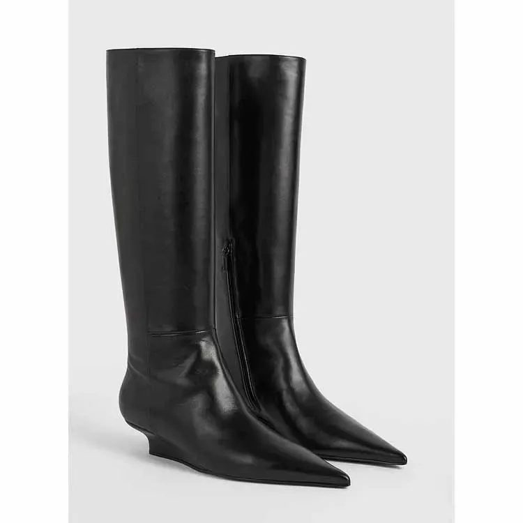 Wedge Boots for Women Women's Shoes 2025 New Black Matte Leather Pointed Toe Knee-long Boots Slope Heel Designer - Image 3