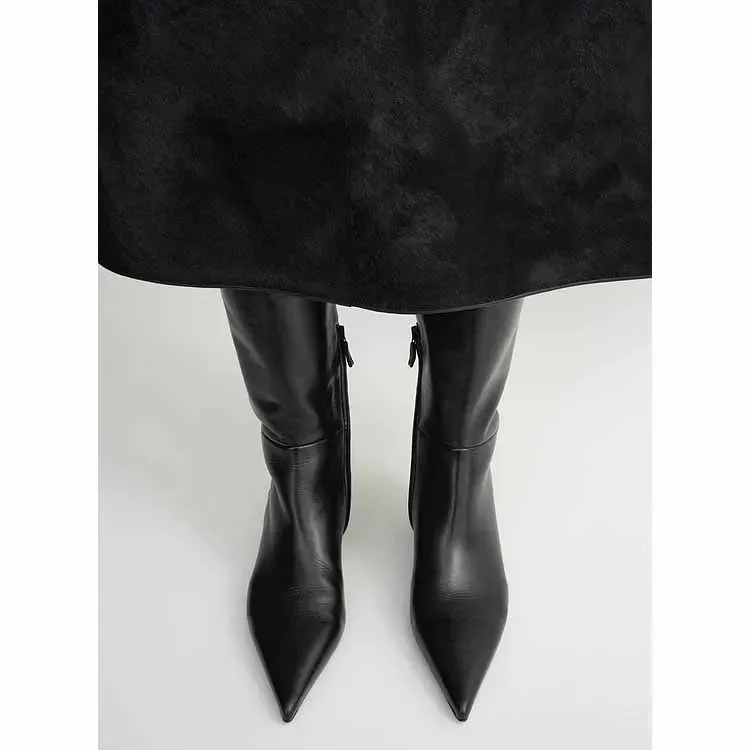 Wedge Boots for Women Women's Shoes 2025 New Black Matte Leather Pointed Toe Knee-long Boots Slope Heel Designer - Image 4