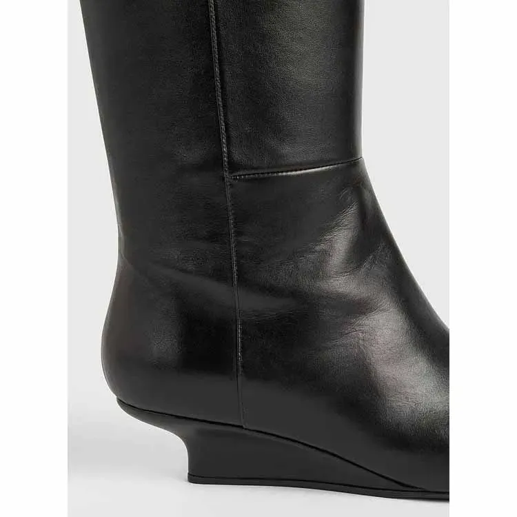Wedge Boots for Women Women's Shoes 2025 New Black Matte Leather Pointed Toe Knee-long Boots Slope Heel Designer - Image 5