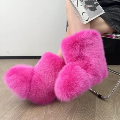 Luxury Brown Pink Real Fox Fur Solid Color Flat Snow Boots Ladies Round Toe Warming Slip on High Top Leisure Mid-calf Boots