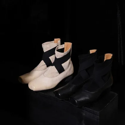 Xinzirain Logo Leather Winter Boots Square Toe Ballerina High Quality Calfskin 3cm Heel Women Ballet for Ladies