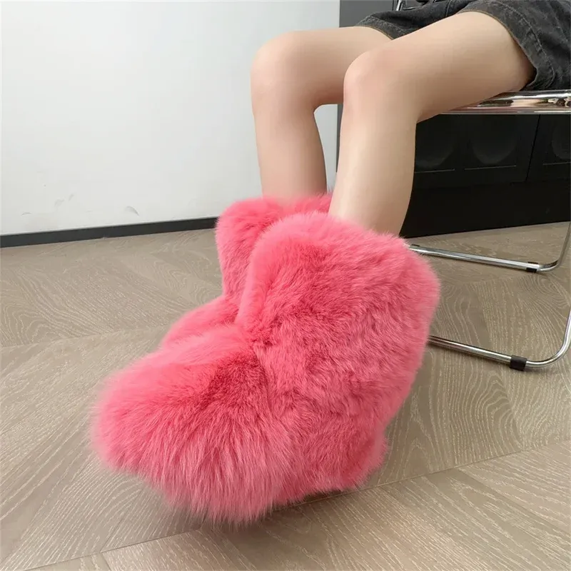 Luxury Brown Pink Real Fox Fur Solid Color Flat Snow Boots Ladies Round Toe Warming Slip on High Top Leisure Mid-calf Boots - Image 3