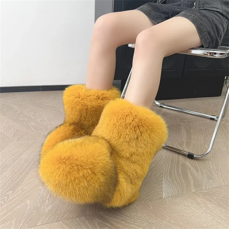 Luxury Brown Pink Real Fox Fur Solid Color Flat Snow Boots Ladies Round Toe Warming Slip on High Top Leisure Mid-calf Boots - Image 5