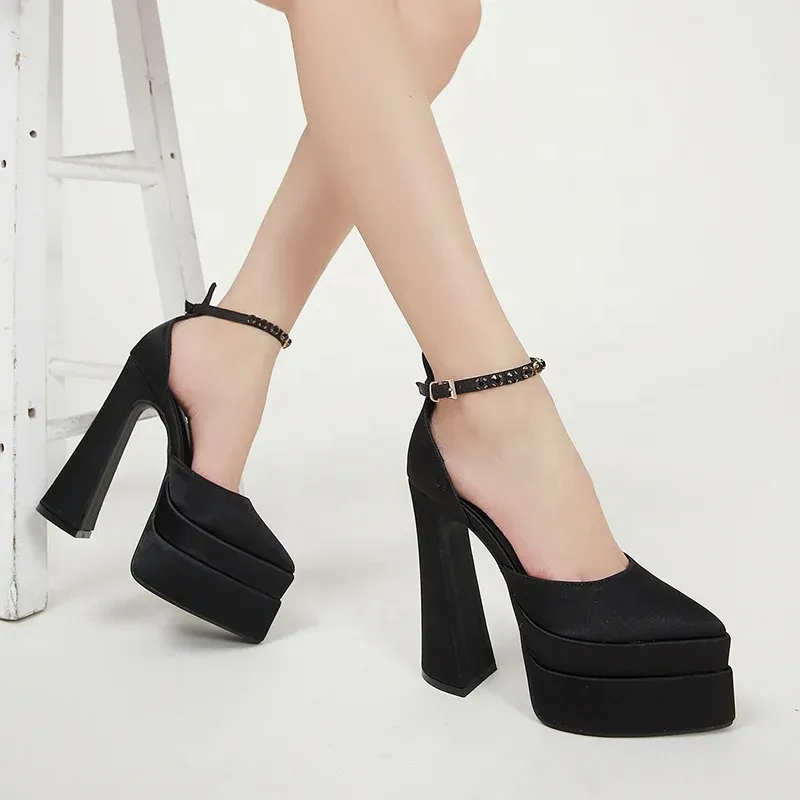Satin Pointed ToeThick Sole Ladies Designer High Heel Shoes Platform Sandals for Women - Image 3
