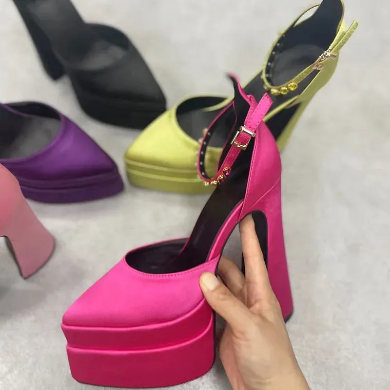 Satin Pointed ToeThick Sole Ladies Designer High Heel Shoes Platform Sandals for Women - Image 4