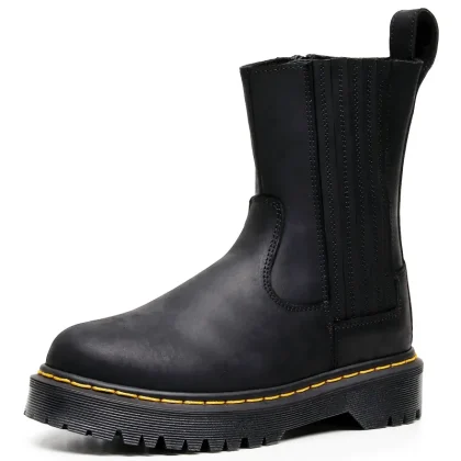 Fashion Women's Platform Mid-Calf Boots Plus Size Cow Genuine Leather Women Chunky Shoes Ladies Ankle Midi Boots College Style