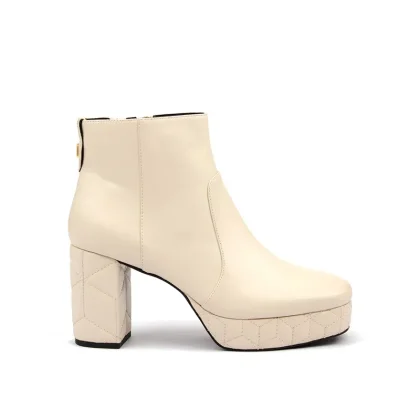 Logo Casual Ankle Boots Single Color Chunky Heel Square Toe Platform Stitched Leather Zip for Autumn Outdoor Walking