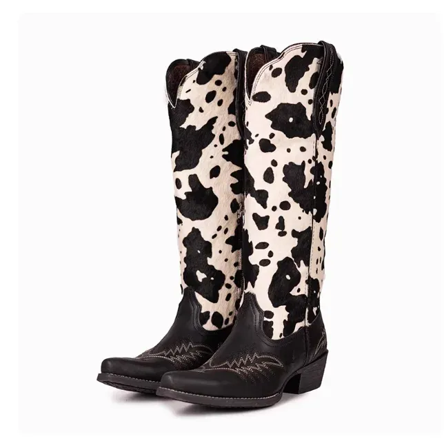 Manufacturer New Genuine Leather Patchwork Cow Print Tall Shaft Pointed Toe All-Season Versatile American Cowboy Boots