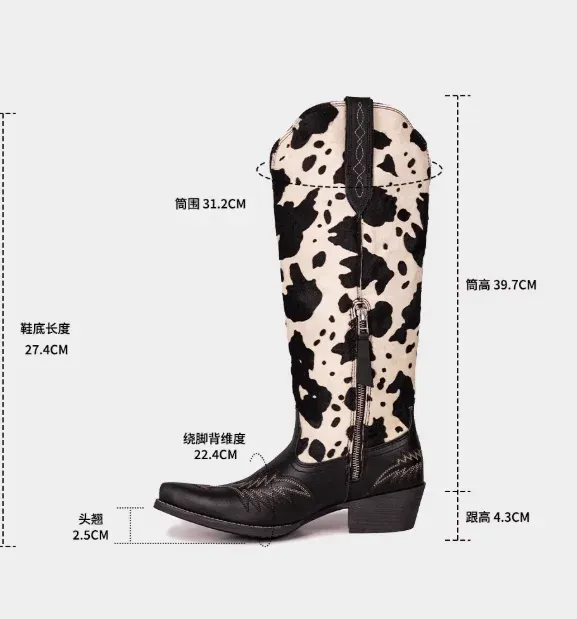Manufacturer New Genuine Leather Patchwork Cow Print Tall Shaft Pointed Toe All-Season Versatile American Cowboy Boots - Image 2