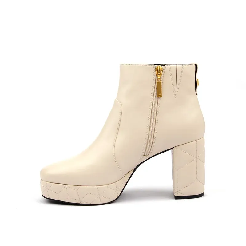 Logo Casual Ankle Boots Single Color Chunky Heel Square Toe Platform Stitched Leather Zip for Autumn Outdoor Walking - Image 2