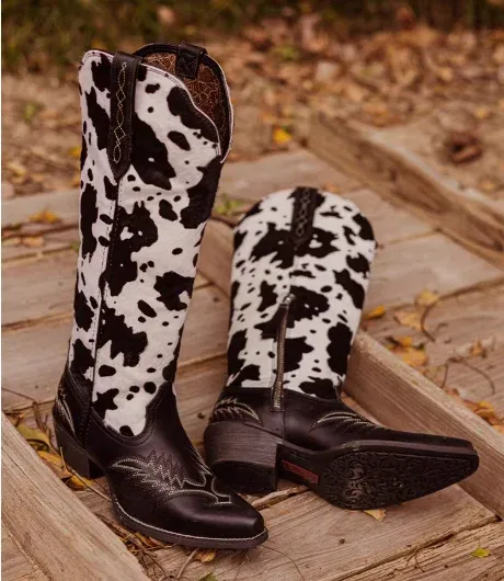 Manufacturer New Genuine Leather Patchwork Cow Print Tall Shaft Pointed Toe All-Season Versatile American Cowboy Boots - Image 3