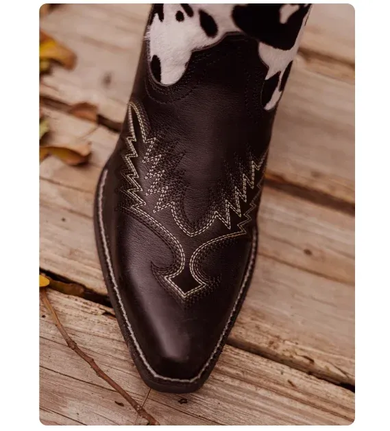 Manufacturer New Genuine Leather Patchwork Cow Print Tall Shaft Pointed Toe All-Season Versatile American Cowboy Boots - Image 4