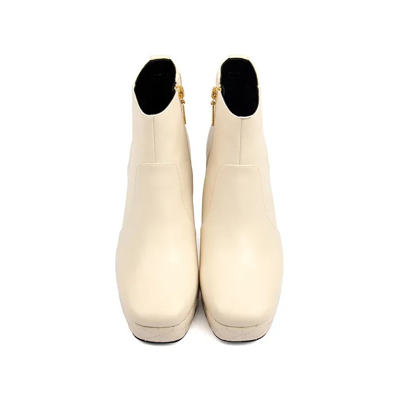 Logo Casual Ankle Boots Single Color Chunky Heel Square Toe Platform Stitched Leather Zip for Autumn Outdoor Walking - Image 3