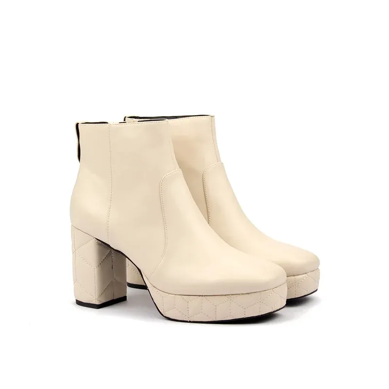 Logo Casual Ankle Boots Single Color Chunky Heel Square Toe Platform Stitched Leather Zip for Autumn Outdoor Walking - Image 4