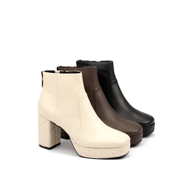 Logo Casual Ankle Boots Single Color Chunky Heel Square Toe Platform Stitched Leather Zip for Autumn Outdoor Walking - Image 5