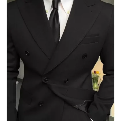 High-End Men's Black Double-Breasted Suit Lapel Collar Worsted Button Fly Button Zipper Pure Color for Business Wedding Banquet