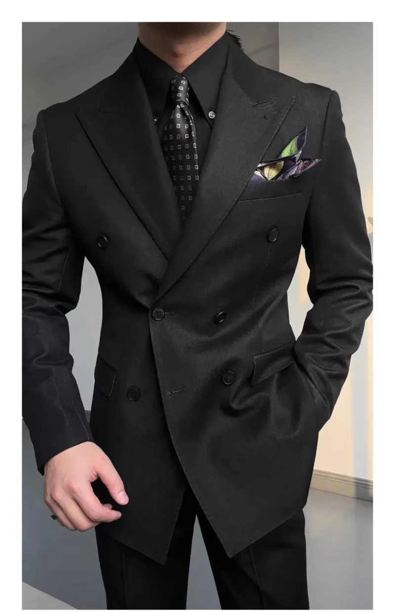 High-End Men's Black Double-Breasted Suit Lapel Collar Worsted Button Fly Button Zipper Pure Color for Business Wedding Banquet - Image 2