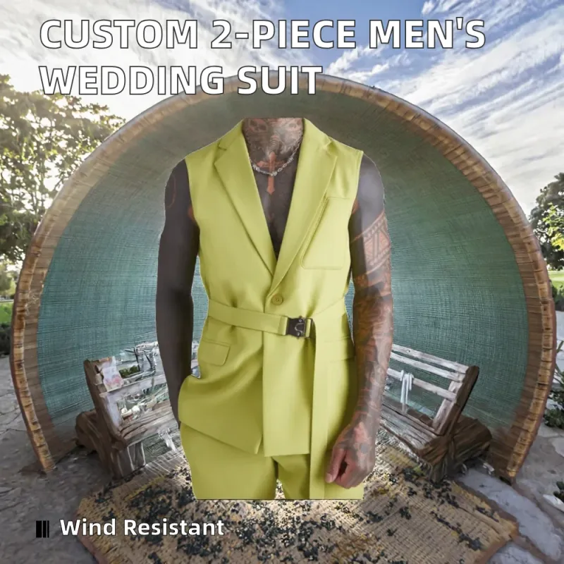 Made 2 Pieces Men's Wedding Dress Latest Design Sleeveless Terno Masculino Buckle Belt Flat Front Vest+Pant for Groom - Image 2