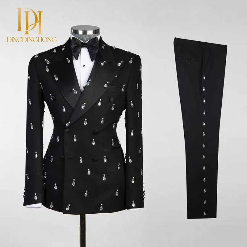 Luxurious Men's Wedding Suit 2-Piece Set Water Drop Diamond Double-Breasted for Peak Lapel Groom Pants for Summer Weddings - Image 3