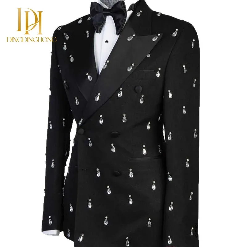 Luxurious Men's Wedding Suit 2-Piece Set Water Drop Diamond Double-Breasted for Peak Lapel Groom Pants for Summer Weddings - Image 4