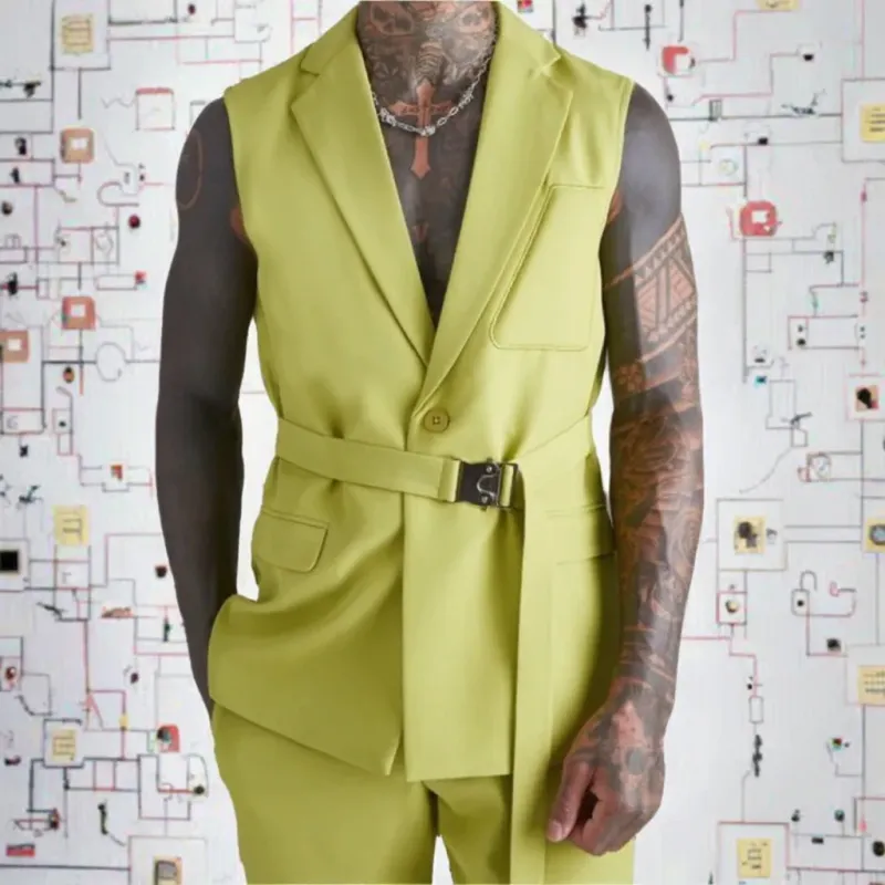 Made 2 Pieces Men's Wedding Dress Latest Design Sleeveless Terno Masculino Buckle Belt Flat Front Vest+Pant for Groom - Image 3