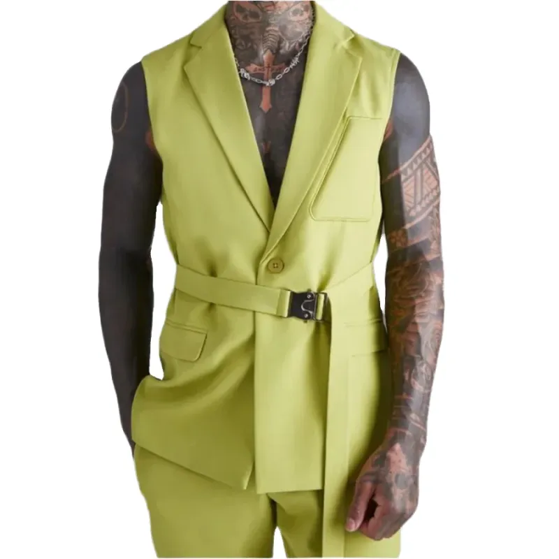 Made 2 Pieces Men's Wedding Dress Latest Design Sleeveless Terno Masculino Buckle Belt Flat Front Vest+Pant for Groom - Image 4