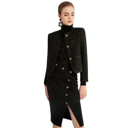 2024 New Product Korean Style Autumn and Winter High End Elegant Business Debutante Tweed Two-piece Dress Suit for Women