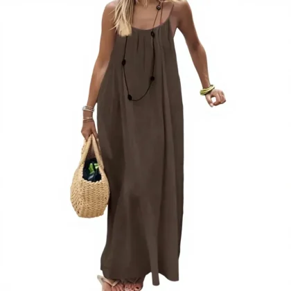 2026 Cross-border New Womens Strap Loose Casual Summer Long Backless O-Neck Dress High-End Elegant Polyester Spandex Knitted