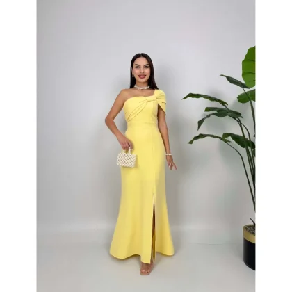 3008 Satin Sheath Dress with Brooch on Shoulder Natural Waistline