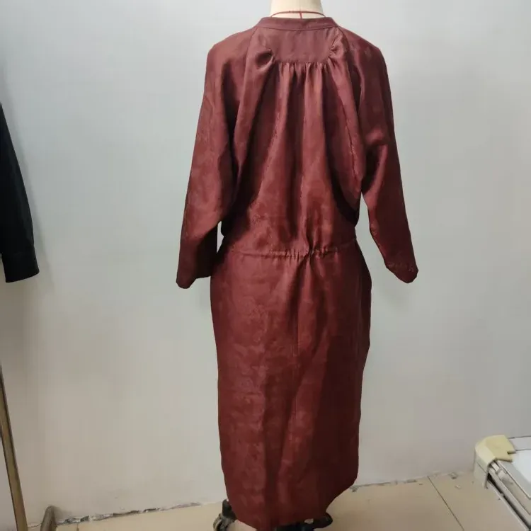 Burgundy Ramie Loose Waist-Tie Pullover Dress - Retro Elegant Mid-Length Office & Casual Dress - Image 2